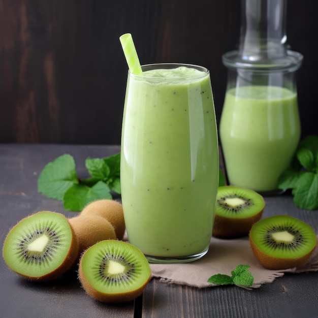 A kiwi smoothie with kiwi on the top and kiwi on the bottom.