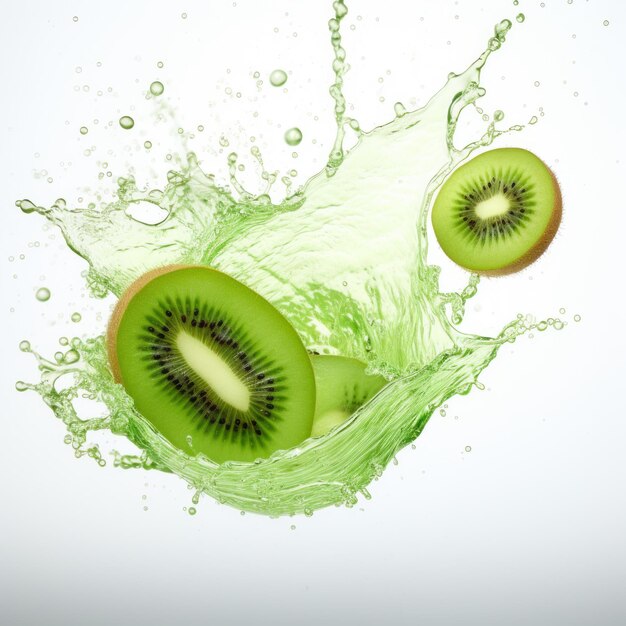 Photo kiwi splash hyperrealistic soda splash on green kiwi half