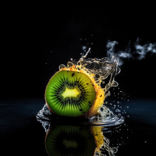 Kiwi in the splash of water on isolated black background