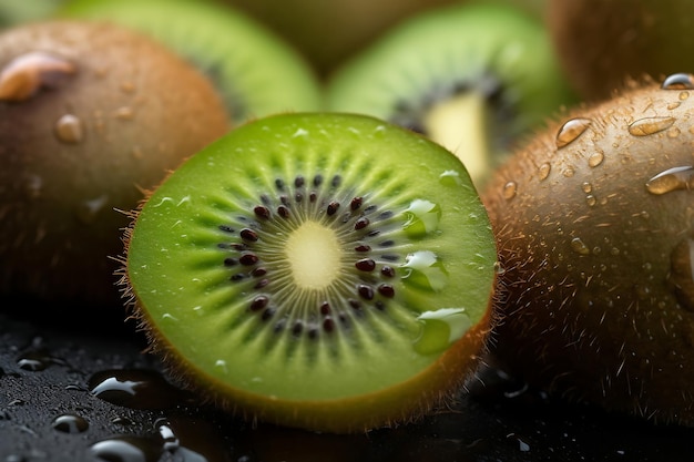 Kiwi with water drops on black background