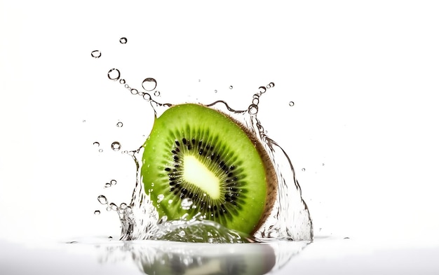 Kiwi with water splashing on white background