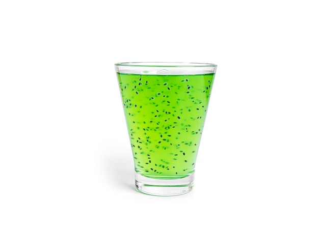 Kiwidrank Met Geïsoleerde Basilicumzaden. Groene kiwi-smoothie.