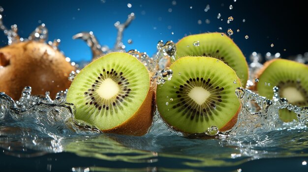 Kiwifruit met waterplons op blauwe achtergrond