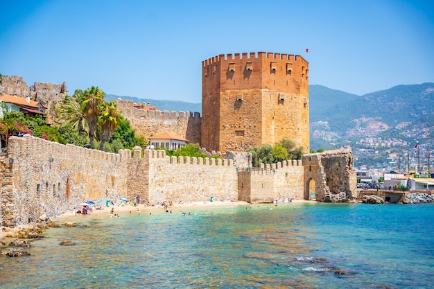 Kizil Kule or Red Tower of Alanya castle in Alanya city Antalya Province on the southern coast of Turkey