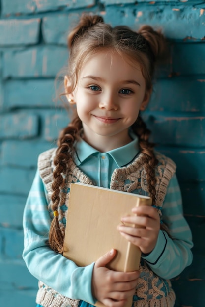 Klaar voor lessen middelbare scholier schattig glimlachend klein kind houdt boek schattig klein