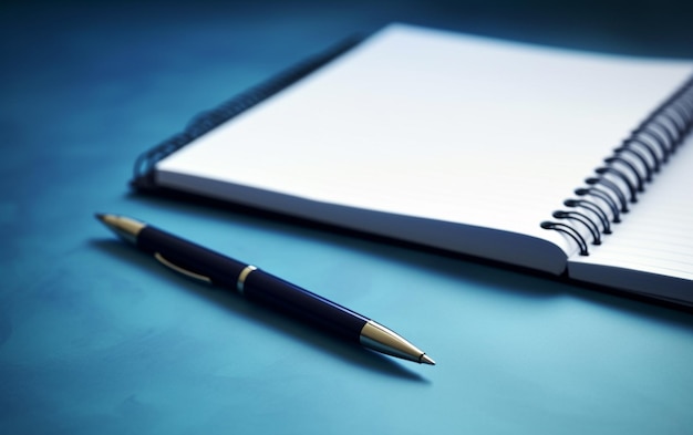 Kladblok op een tafel met pen voordat u het blauwe toonbedrijfsconcept met kopieerruimte ontmoet