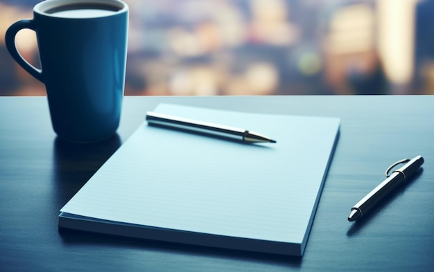 Kladblok op een tafel met pen voordat u het blauwe toonbedrijfsconcept met kopieerruimte ontmoet