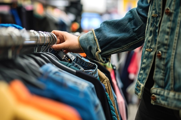 Foto klant betaalt voor kleding bij de kassa, tweedehands winkelen, dichtbij