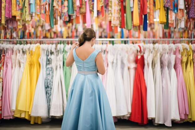 Foto klant bladert door rijen hangende kleurrijke jurken