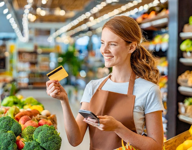 Klant vrouw die creditcard gebruikt voor betaling aan de eigenaar van de supermarkt Concept van creditcardbetaling