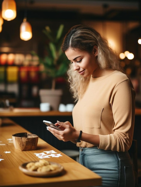 klantbeleving concept genieten van eten en drinken vrouw met behulp van smartphone in café of restaurant om