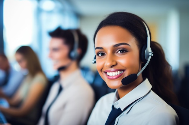 Klantenondersteuningsagent of callcenter in een headset die bij de klantenservice werkt