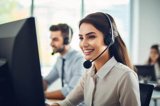 Klantenondersteuningsmedewerker of callcenter in een headset die werkt op het kantoor van de klantenservice