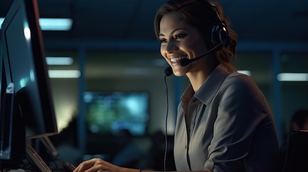Klantenservice gelukkige vrouw in het callcenter die online met klanten spreekt met de microfoon van de computerheadset
