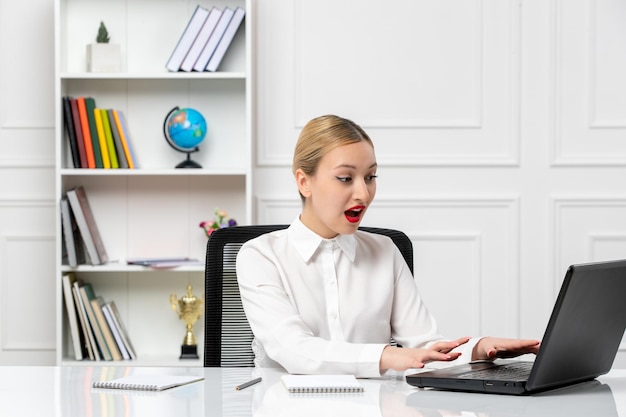 Klantenservice schattig meisje in wit overhemd met rode lippenstift en laptop opgewonden kijkend naar het scherm