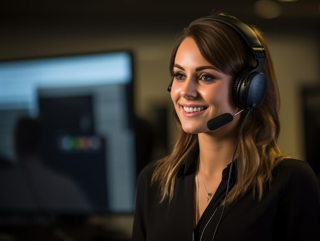 Klantenservice werkt in een kantoor met een glimlachende vrouwelijke callcenteragent die een headset draagt