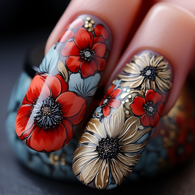 Klaproos bloemen nagels ontwerpen rode en zwarte contrasterende kleuren concept idee creatieve kunst fotoshoot