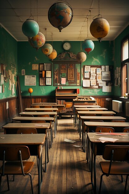 Foto klaslokaal onderwijs binnen bureau leerstoel student leraar lege klas schooltafel