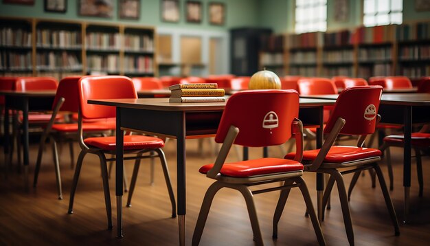 Foto klassenkamer met oranje stoelen en het boek op de bureaus voorkant achtergrond terug naar school