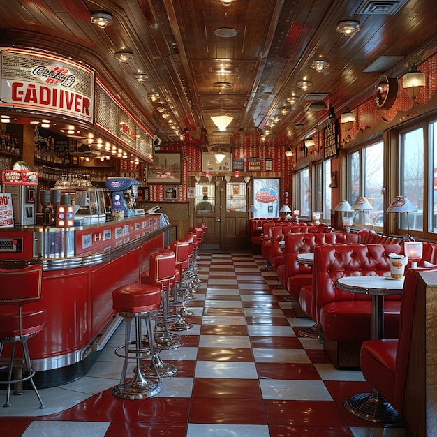 Foto klassiek amerikaans restaurant met rode lederen cabines en een jukebox.