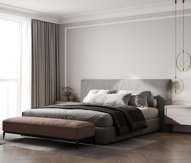 Klassiek beige slaapkamerinterieur met grijs dichtgeknoopt bed en luxe lampen en een poef 3D-rendering