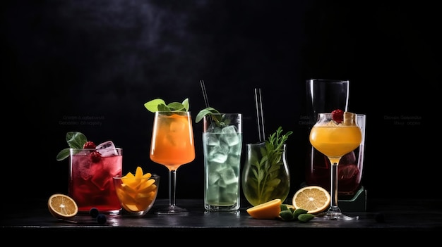 Foto klassiek drankje menu concept cocktails assortiment geserveerd op donkere achtergrond generatieve ai