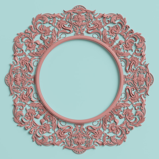 Klassiek frame met ornamentdecor in pastelroze kleur op pastelblauwe muur