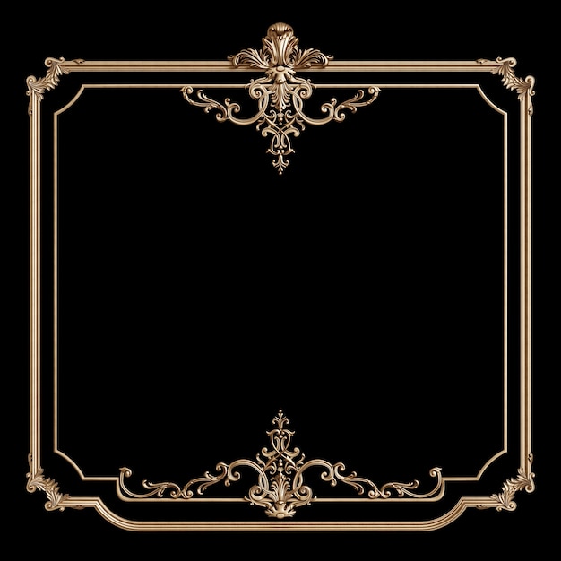 Foto klassiek gouden frame met ornamentdecor dat op zwarte achtergrond wordt geïsoleerd. digitale afbeelding. 3d-weergave