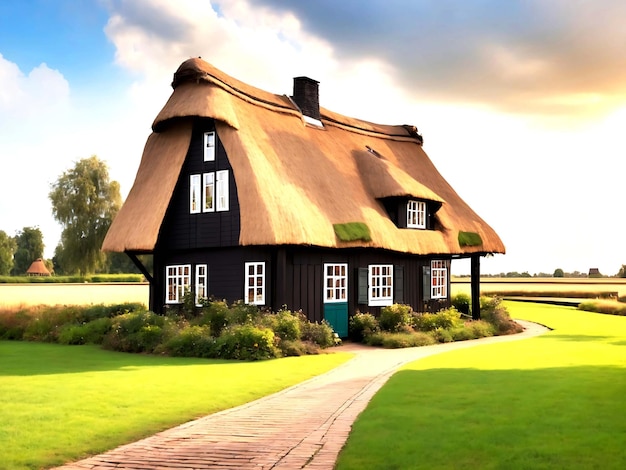 klassiek huis met bloemen tuinhuis met een rieten dak ai gene