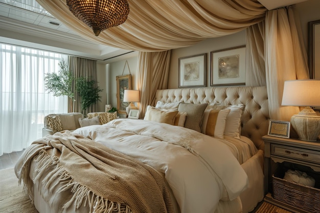 Klassiek luxe slaapkamerinterieur in lichte pastel- en beige kleuren