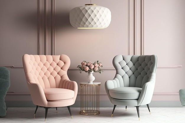 Klassiek pastel interieur met pluche stoelen en verlichting