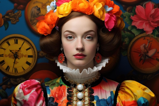 Foto klassiek renaissance portret portret van een vrouw in kleurrijke kleren kleurrijke en vrolijke scène