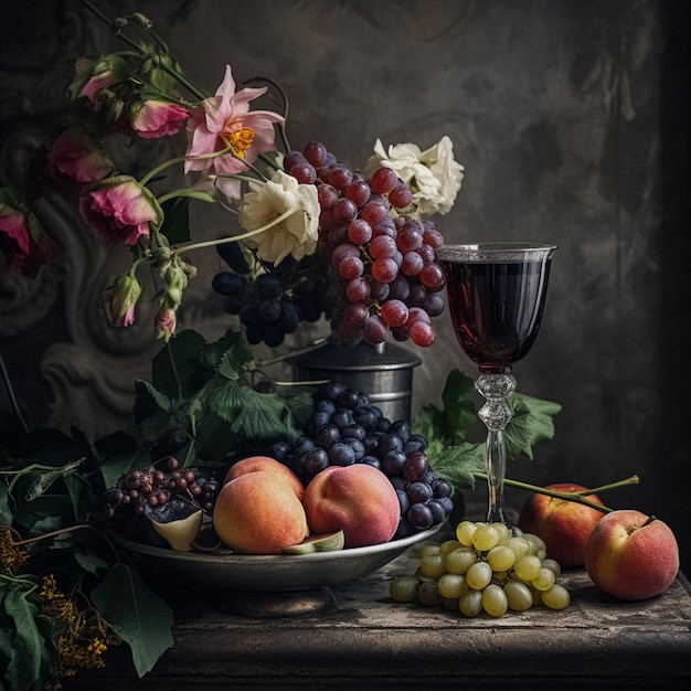 Klassiek stilleven met fruit en wijn