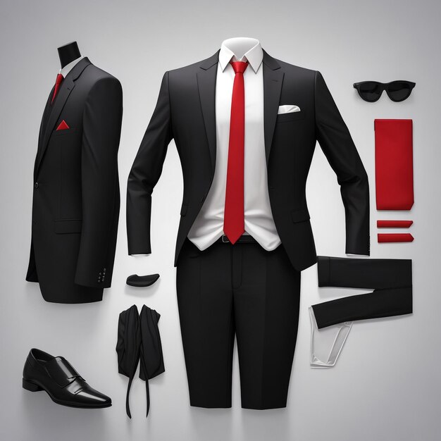 Klassiek zwart mannelijk pak met rode stropdas en wit hemd in realistische luxe stijl geïsoleerde vector illusie