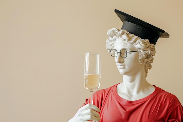 Klassieke afstudeerhoed op het hoofd van een man met een glas champagne