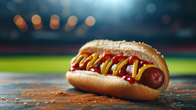 Klassieke Amerikaanse hotdog tegen een honkbalstadion achtergrond.