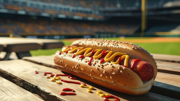 Klassieke Amerikaanse hotdog tegen een honkbalstadion achtergrond