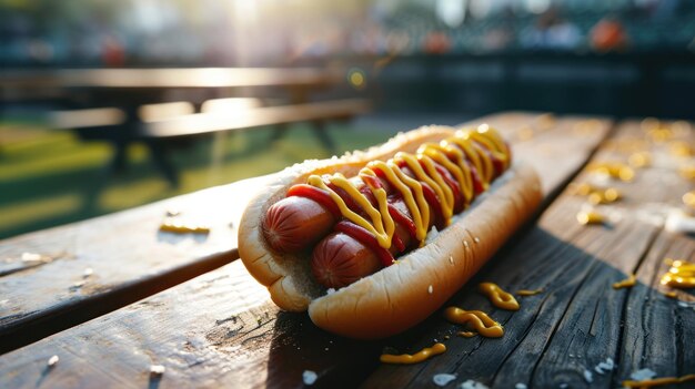 Klassieke Amerikaanse hotdog tegen een honkbalstadion achtergrond