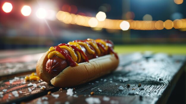 Klassieke Amerikaanse hotdog tegen een honkbalstadion achtergrond