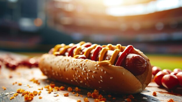 Klassieke Amerikaanse hotdog tegen een honkbalstadion achtergrond