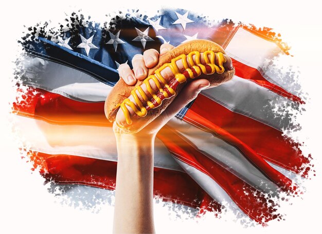 Klassieke Amerikaanse hotdog ter beschikking op Amerikaanse vlagachtergrond voor de viering van de Amerikaanse Onafhankelijkheidsdag op 4 juli