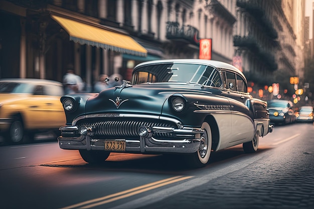 Klassieke auto met onscherpe achtergrond van drukke stadsstraat