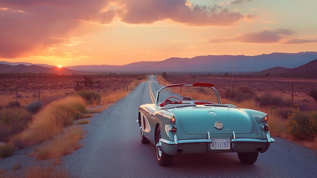 Foto klassieke auto op desert road bij sunset generative ai