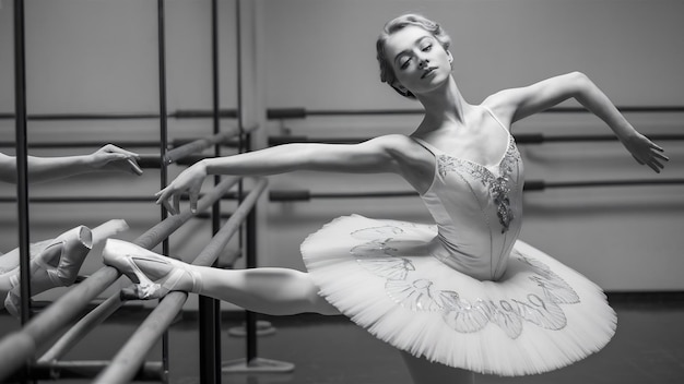 Klassieke ballerina poseert bij ballet barre