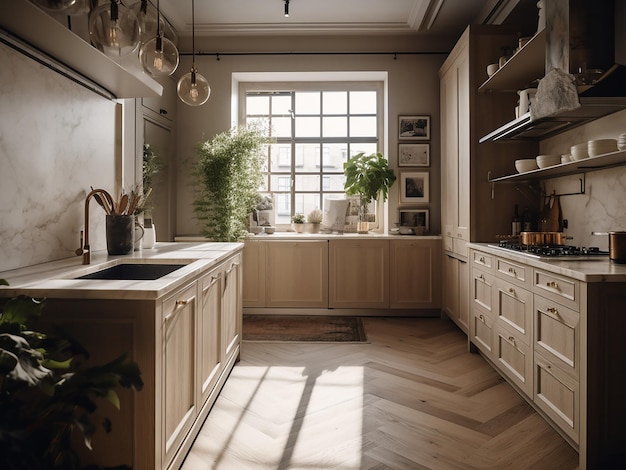 Klassieke beige keuken met een heldere sfeer AI Generate