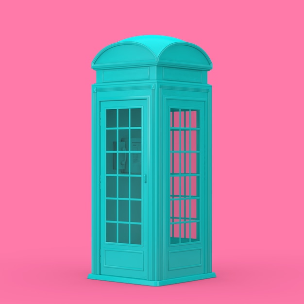 Klassieke britse blauwe telefooncel in duotoonstijl op een roze achtergrond. 3d-rendering