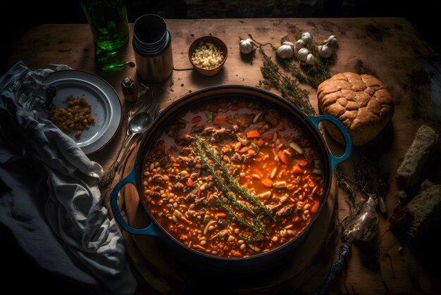 Foto klassieke cassoulet met bonenvlees en een knapperige broodkruimel.