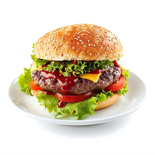 Klassieke cheeseburger met sla en tomaten op het bord.