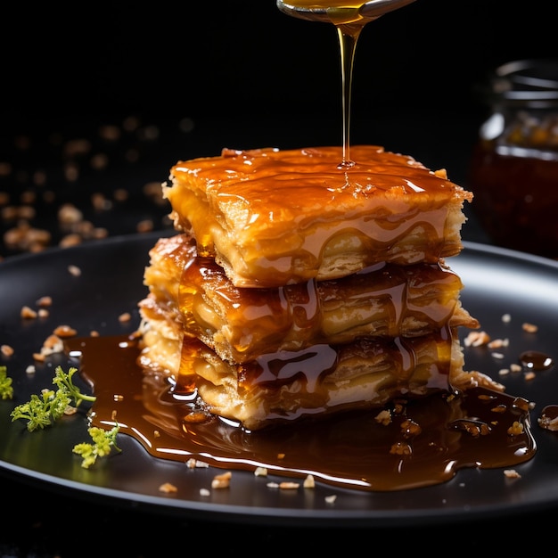 Klassieke culinaire fotografie Genadige baklava met honing op een donkerzwarte tafel