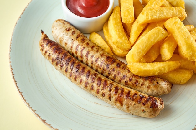 Klassieke Duitse gegrilde worstjes met frietjes en rode saus in een witte plaat op gekleurd oppervlak.